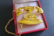 Gold Tone Rotary Telephone Brooch with Chain | 80s 90s Style Novelty Kitsch Jewelry | Old Fashioned Phone Pin Badge