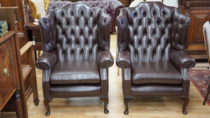 Pair of Vintage Leather Chesterfield Wingback Armchairs