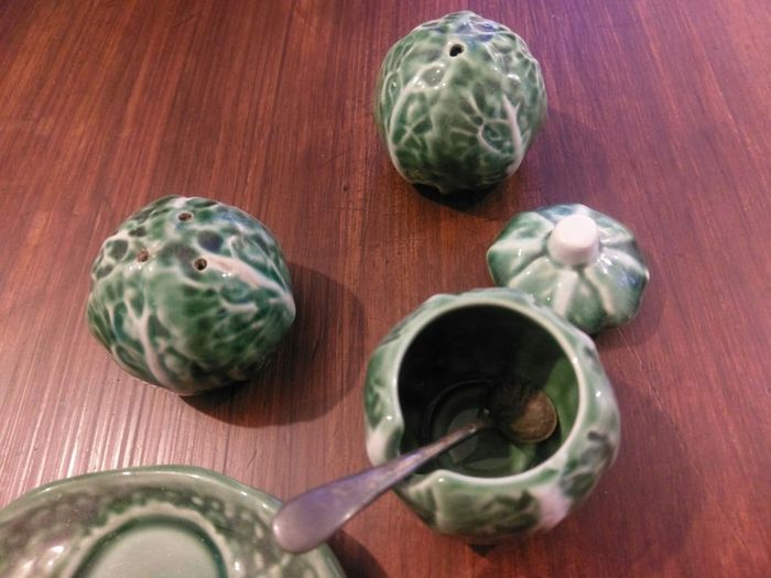 Vintage pottery salt, pepper,mustand set.