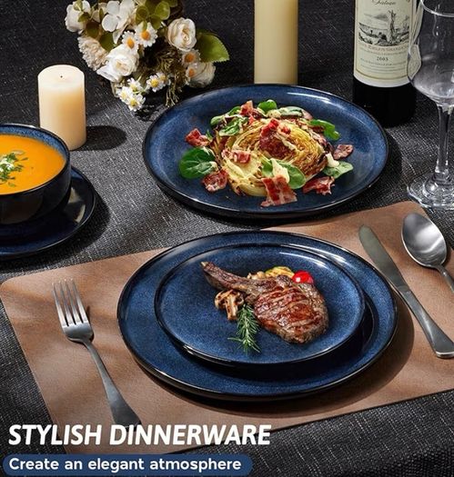 12 Piece Stoneware Dinnerware Service for 4, Reactive Glaze Dining Ware Include Plates and Bowls, Chip and Scratch Resistant, Microwave & Dishwasher Safe, Nebulas Blue