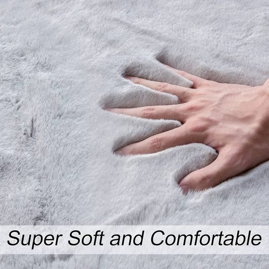 Grey Faux Fur Rug, 60 x 90 cm, Fluffy Soft Rug, Living Room, Children's Room, Decoration, Washable, Rectangular