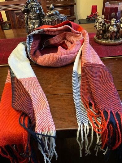 New warm and cosy scarf in shades of rust ,cream black and burnt orange