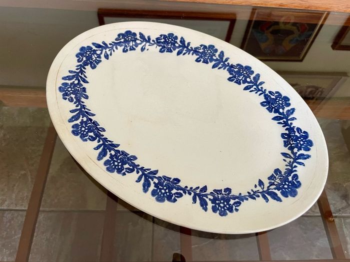 Vernacular Blue and White Spongeware  Floral Platter Unmarked 30 cm