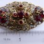 Vintage Ornate Oval Ruby Glass Domed Filigree Gold Tone Brooch Pin Image 7