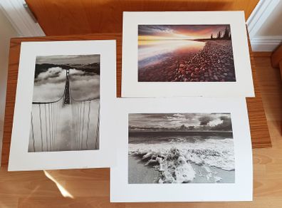 Prints: "Sunset Over Artillery Lake" by photographer Gavriel Jecan,  "Golden Gate Bridge in Fog" by  Roger Ressmeyer,  "Seashore" by Eddie Dayan  size 30x40cm