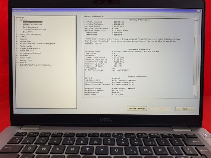 Dell Latitude 5310,i5 Cpu (10th gen) 16 GB, 256 GB Storage (m.2).