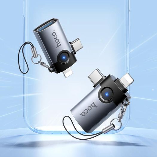 Hoco UA46D Victory iP Male / Type-C Male to USB Female 2-In-1 Adapter Metal Gray