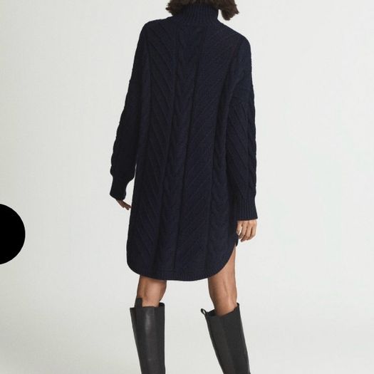 REISS Laura Navy Blue Cable Knit Wool Blend Sweater Dress Tunic Mock Neck Size M