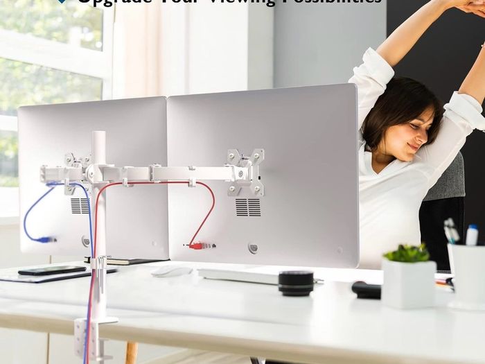 Dual Monitor Arm Desk Mount, Adjustable for 13/27 Inch  Screens, VESA 75x75/100x100, Full Motion Tilt, 360 Rotation, Height Adjustable, Max 10kg per Arm, Easy Install, White