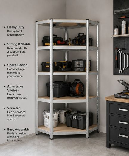 Heavy Duty Corner Shelving Unit 875kg 5 Tier Garage Storage Shelf Silver Natural Beige