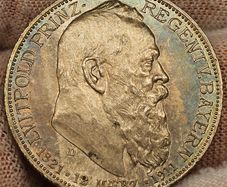 Germany  German States Bavaria Silver 1911 2 Mark Prince Regent Luitpold Beautiful Uncirculated Toned!