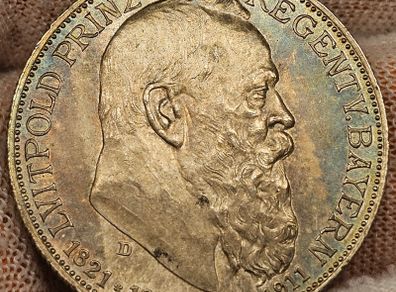 Germany  German States Bavaria Silver 1911 2 Mark Prince Regent Luitpold Beautiful Uncirculated Toned!