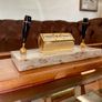 Tabletop Perpetual Calendar with Two Penholders on Marble Onyx Stand on teak Coloured Wooden Base Image 3
