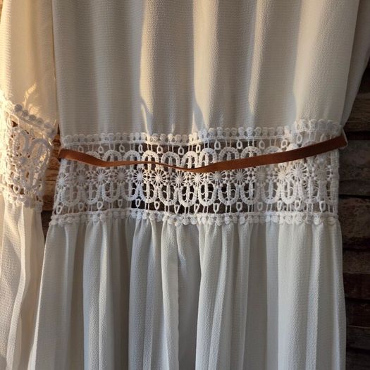 White crochet and pleated beach cover-up dress with a brown belt. Size 10