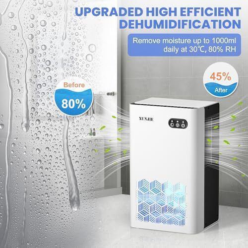 Xunjie Portable Dehumidifiers for Home, 2300ml Dehumidifier - Ultra Quiet & Auto Defrost 7 Colour LED Light Auto Shut Off - Ideal for Bedroom Bathroom RV Car Kitchen Garage Damp Removal  White