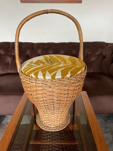 Mid Century Table Height Vintage Wicker Sewing Craft Basket 60s