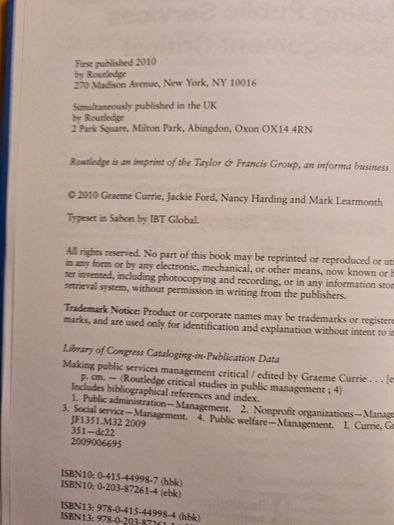 Making Public Services Management Critical.  Edited By Graeme Currie, Jackie Ford,nancy Harding,&mark Learmonth.
