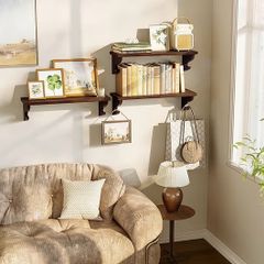 Set of 3, 43cm Wall Mounted Rustic Wood Floating Shelves for Small Spaces, Multi-Functional Storage & Organiser for Bedroom, Nursery, Living Room,Office(Walnut)