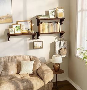 Set of 3, 43cm Wall Mounted Rustic Wood Floating Shelves for Small Spaces, Multi-Functional Storage & Organiser for Bedroom, Nursery, Living Room,Office(Walnut)