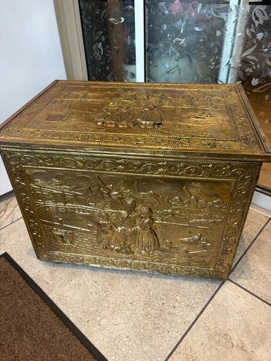 Large Vintage Ornament Embossed Brass coal or log storage box