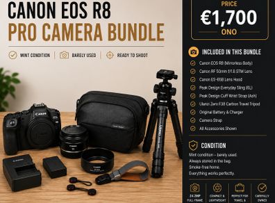 Canon EOS R8 Premium Full Frame Bundle | RF 50mm | Ulanzi Carbon Tripod | Peak Design | Like New