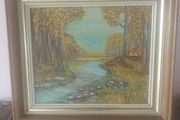 Vintage 70's Framed "Autumn Stream" Oil Painting