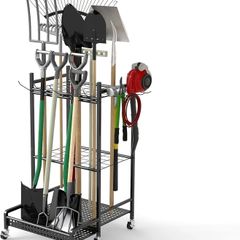 Garden Tool Tower Storage Rack 360 Rotating Garden Tool Holder Stand Storage Organizer Shelf with 6 Wheels Heavy Duty Rolling Tool Cart for Lawn Garage Shed Workshop Patios