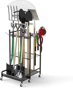 Garden Tool Tower Storage Rack 360 Rotating Garden Tool Holder Stand Storage Organizer Shelf with 6 Wheels Heavy Duty Rolling Tool Cart for Lawn Garage Shed Workshop Patios