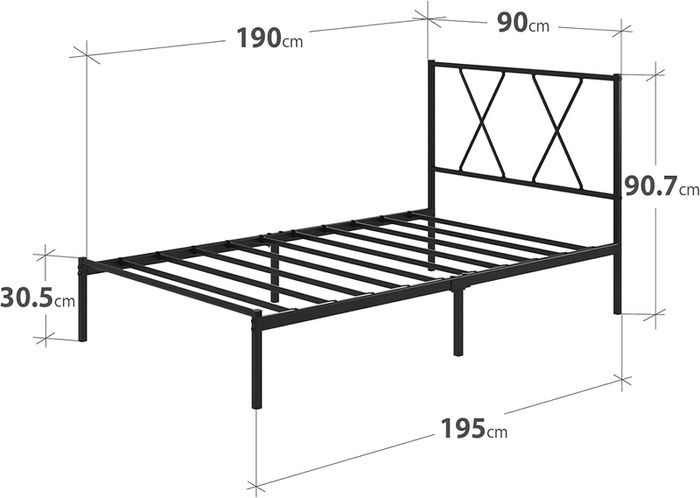 Bed 90 x 190 cm, Metal Frame with Headboard, Slatted Support, Under-Bed Storage, Black