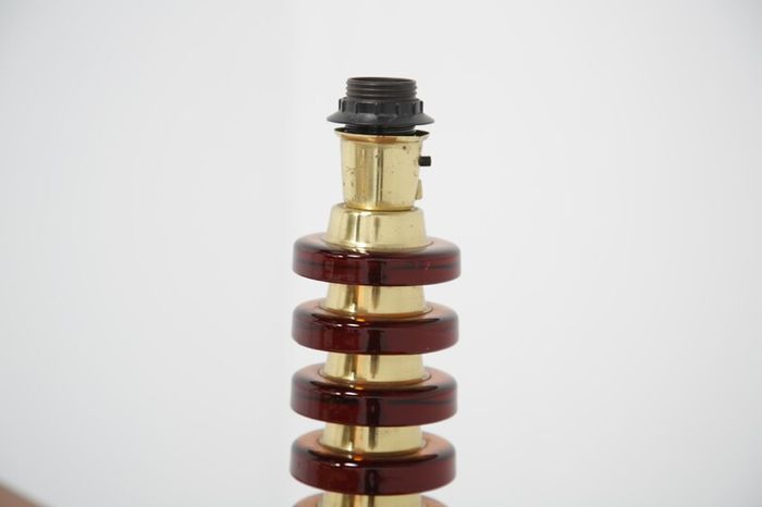 Vintage Swedish Amber Glass & Brass Table Lamp by MAE Lighting, 1960s.