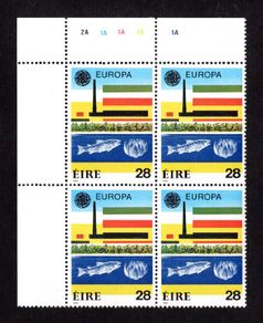 1986 Ireland 28p Europa Environmental Protection Commemorative Stamps Plate Block 1A1A1A1A1A Mint Never Hinged (MNH)