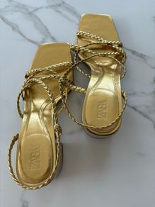 Zara Gold Braided Strap Block Heels Size 5