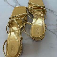 Zara Gold Braided Strap Block Heels Size 5