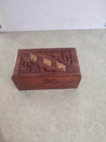 Small Charming Hand Carved Rosewood Box Instracted W / Brass Elephants Used.