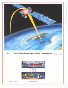 1988 Isle of Man Limited Edition Lithographed Print measuring 333mm X 257mm showing Europa Transport and Communications  Commemorative Stamps with First Day of Issue Cancel