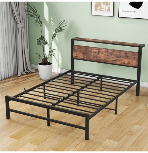 Double Bed Frame,Metal Platform Bed 135x190 cm,Brown No Box Spring Needed,Steel Slats Mattress Base,with Wood Storage Headboard,Noise Free,Black Double Bed Frame,Easy Assembly