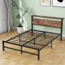 Double Bed Frame,Metal Platform Bed 135x190 cm,Brown No Box Spring Needed,Steel Slats Mattress Base,with Wood Storage Headboard,Noise Free,Black Double Bed Frame,Easy Assembly Image 4