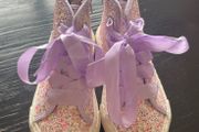 Dunnes Stores multi-glitter high-top trainers with side zip &amp; purple satin ribbon laces Sz Uk9/EU26 EUC
