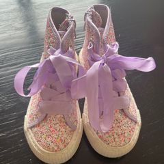 Dunnes Stores multi-glitter high-top trainers with side zip & purple satin ribbon laces Sz Uk9/EU26 EUC