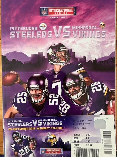 Steelers vs Vikings programme, ticket and scarf