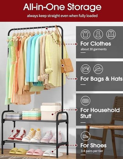 Large Capacity Freestanding Clothes Rack with 2-Tier Shoe Organizer & Non-Slip Feet, Heavy-Duty Clothing Rail for Bedroom, Entrance, Laundry, 74 x 30 x 150cm, Black