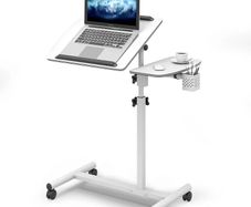 Height Adjustable Computer Desk on Wheels, Rolling Laptop Desk with Cooling Fan, Overbed Table with Mouse Tray, Laptop Table with Pen Holder, Bedside Table for Home Office, White
