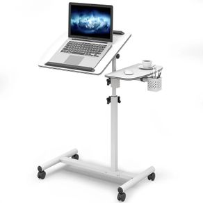 Height Adjustable Computer Desk on Wheels, Rolling Laptop Desk with Cooling Fan, Overbed Table with Mouse Tray, Laptop Table with Pen Holder, Bedside Table for Home Office, White