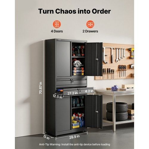 Metal Storage Cabinet, 81.5 kg Shelf Load Capacity, 1800 mm Tall Garage Tool Storage Cabinet with 4 Locking Doors and Adjustable Shelves, 2 Drawers, for Garage, Home, Office, Utility Room, Black