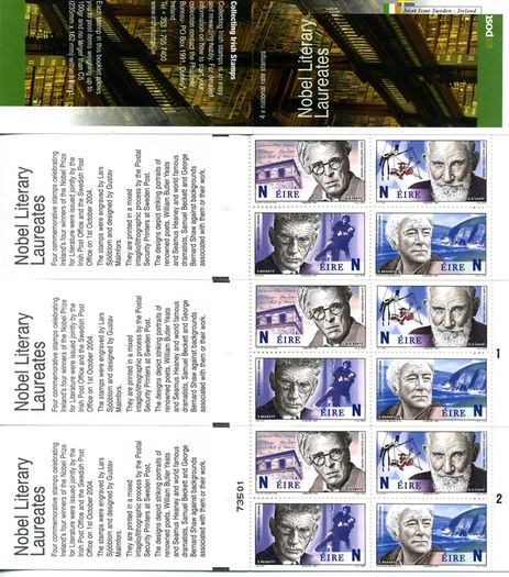 2004 Ireland Nobel Prize (Literary Laureates(William Butler Years, George Bernard Shaw, Samuel Beckett & Sean Heaney)) Commemorative Stamp Booklet with  Plate 1 example & Plate 2 example (3 booklets) Mint Never Hinged (MNH)