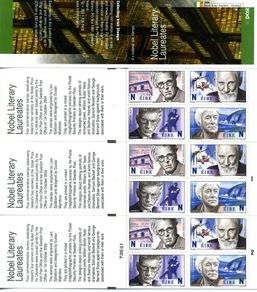 2004 Ireland Nobel Prize (Literary Laureates(William Butler Years, George Bernard Shaw, Samuel Beckett & Sean Heaney)) Commemorative Stamp Booklet with  Plate 1 example & Plate 2 example (3 booklets) Mint Never Hinged (MNH)