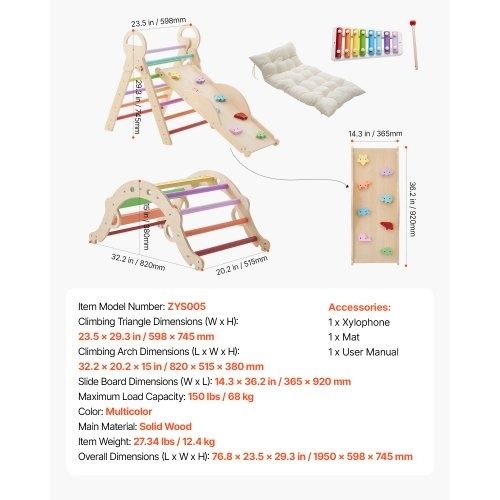 Pikler Triangle Set, 9-in-1 Toddler Climbing Toys Indoor, with Xylophone, Cushion, Triangle, Arch, and Ramp, 68 kg Load, Foldable Montessori Climbing Set for Toddlers and Kids, Rainbow
