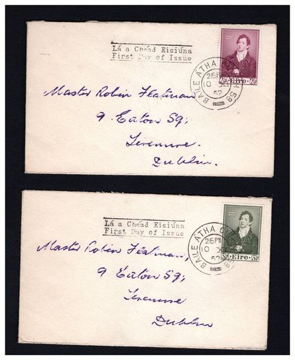 1952 Ireland Centenary of the Death of Thomas Moore (Poet & Musician) Commemorative Stamps Plain Addressed First Day Cover (FDC) with Dublin Cancel