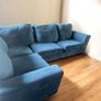 Blue velvet corner sofa with matching chair Image 2