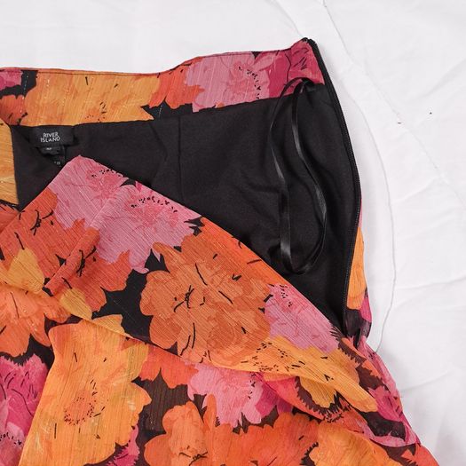 River Island Orange Pink Metallic Floral Print Tiered Ruffle Chiffon Midi Skirt 10UK/38EU